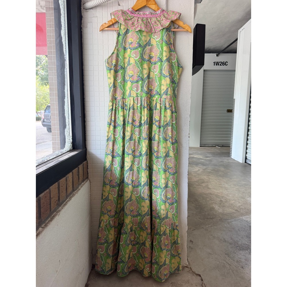 Bella Tu S Cotton Green Pink Floral Ruffle V-Neck Tiered Maxi Boho Dress Resort - Picture 6 of 9